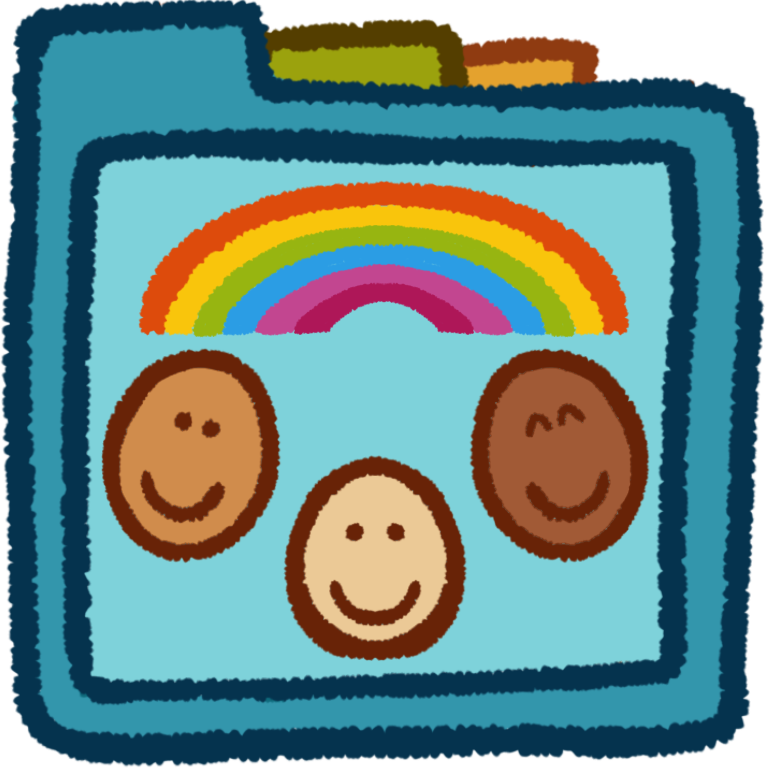 a rainbow over three smiling faces with different skintones inside a teal folder that has green and orange folder tabs behind it.